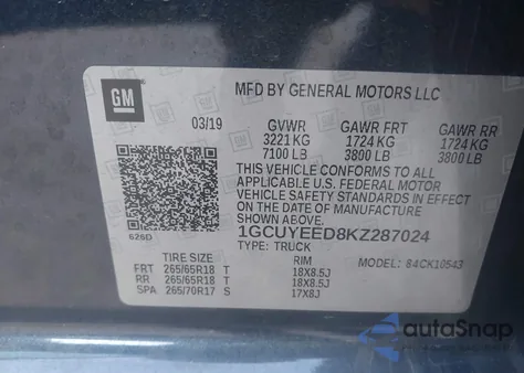 2019 Chevrolet Silverado 1500 Rst из США, поврежденный, VIN 1GCUYEED8KZ287024